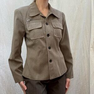 Brown Wool Military Style Jacket Blazer Shacket Vintage 90s